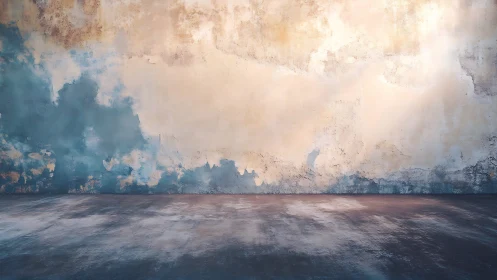 Textured plaster wall with patina over concrete floor plane.