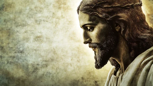 Profile view shows robed male figure against textured ground