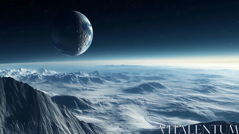 Frozen alien highlands under looming cratered moon