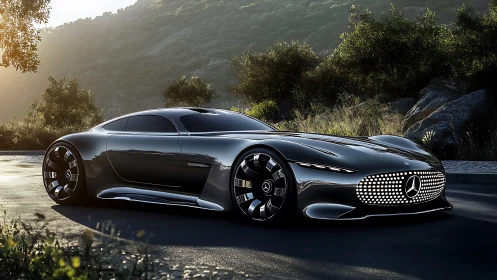 Midnight silver hypercar prowls a sunlit mountain road.