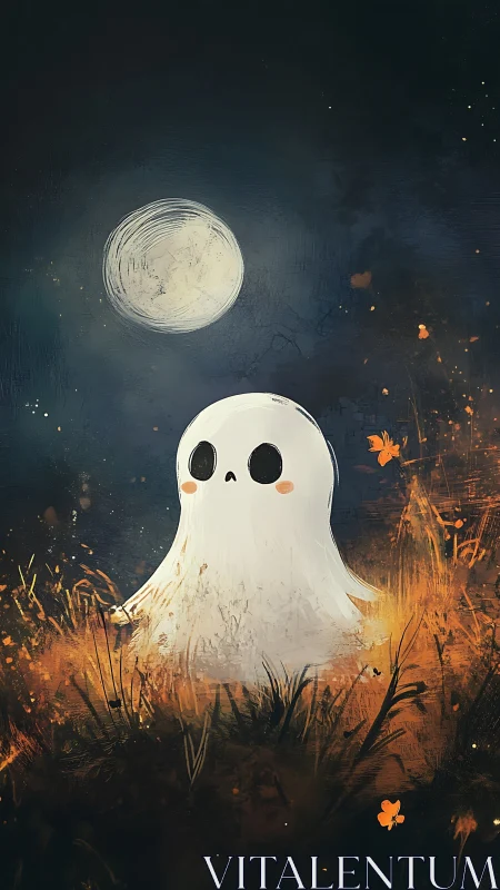 Cartoon ghost stands in autumn grass under bright moon