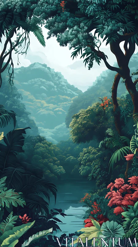 Tropical Valley Canyon with River: Layered Forest Canopy Digital Illustration
