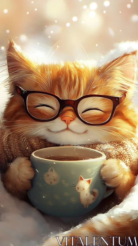 Cozy Spectacled Ginger Cat Savors Morning Coffee in Whimsical Winter