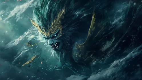 Storm-born sea guardian roaring through midnight waves.