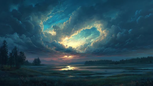 Storm-lit twilight marsh opens beneath swirling sky window