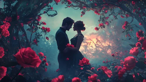 Couple Embracing Among Crimson Roses at Sunset.