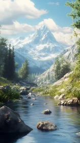 Snowbound alpine massif with luminous fluvial foreground stream.