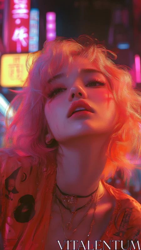 Neon-lit cyberpunk portrait with pink bokeh hair glow and tilt
