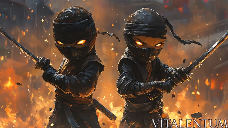 Fiery twin ninja warriors stand united amid raging flames