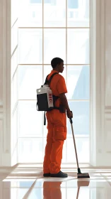 Custodian stands in bright hallway with cleaning equipment