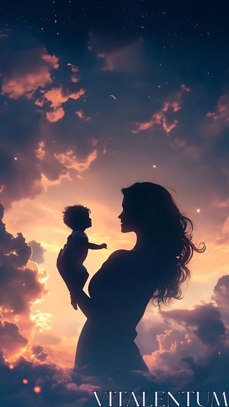 Silhouetted Mother and Child Against Sunset Sky.