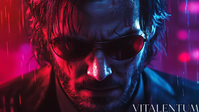 Brooding man in sunglasses stands under neon city rain