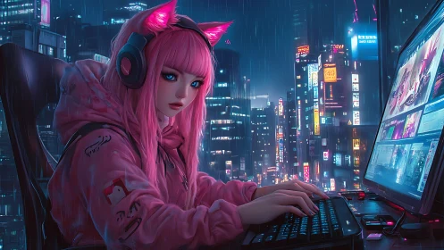 Pink haired gamer at PC in rainy neon cityscape at night.