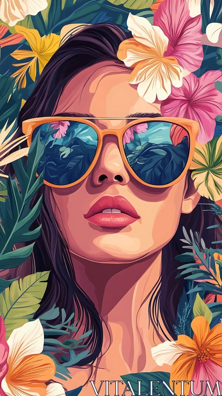Tropical sunglasses portrait with bold floral reflections.