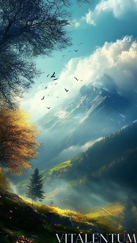 Sunlit alpine valley with misted peaks and autumn foliage.