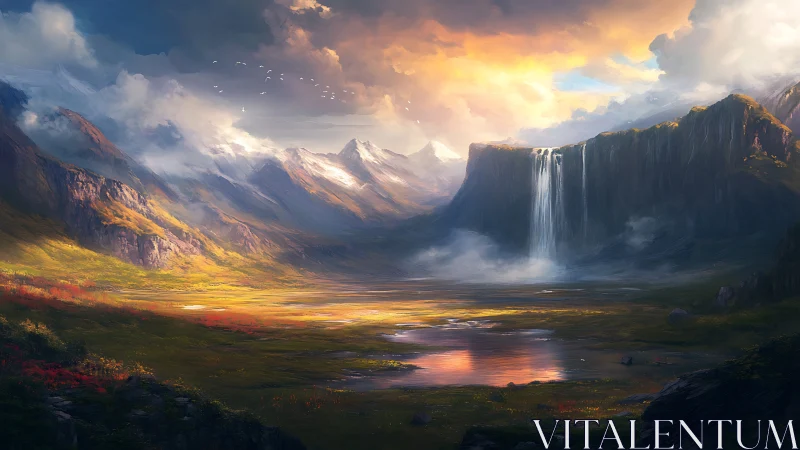 Luminous alpine valley vista with cascading plateau waterfall.