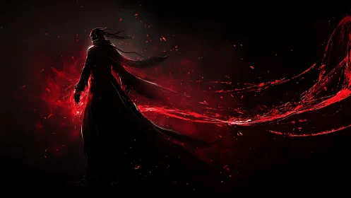 Shadowed warrior radiates crimson power in a dark void