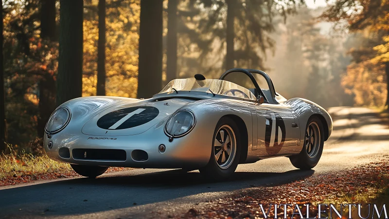 Vintage silver race car on misty autumn forest road.