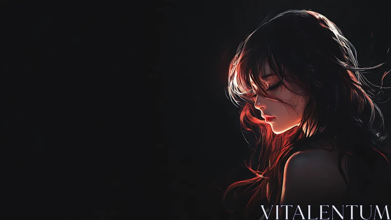 Side profile of pensive girl in red backlight on black