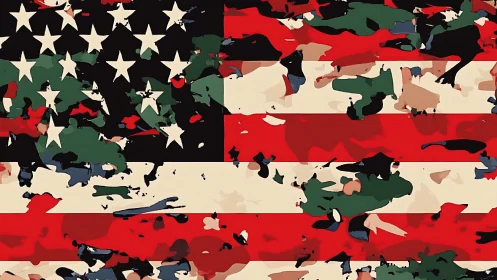 American flag abstraction with camouflage-inspired color overlays.