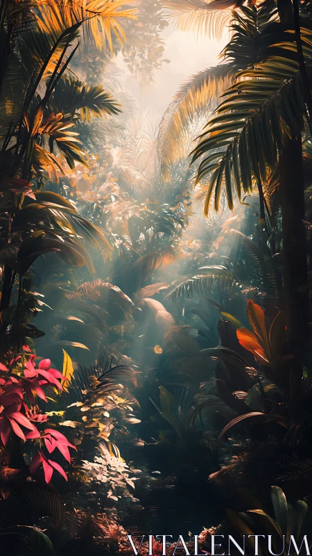 Volumetric light scattering through dense tropical canopy.