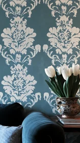 Soft tulips and blue damask wall create a calming corner