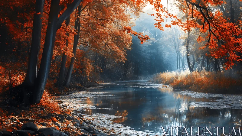 High-contrast autumn river corridor with atmospheric perspective