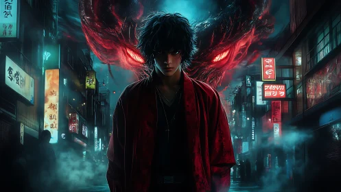 Neon alley warlock with crimson demon shadow looming.