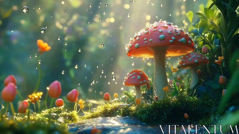 Digital render shows amanita mushrooms in moist forest light