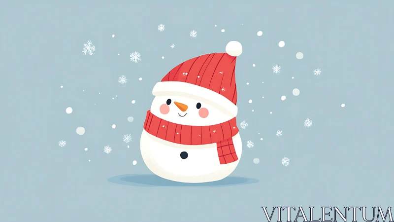 Cute snowman illustration with red hat and scarf in snow