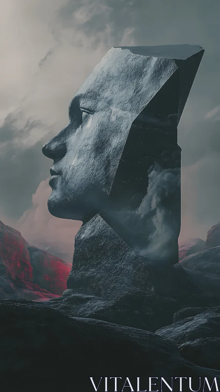 Monolith of Memory: storm-chiseled stone face in twilight.