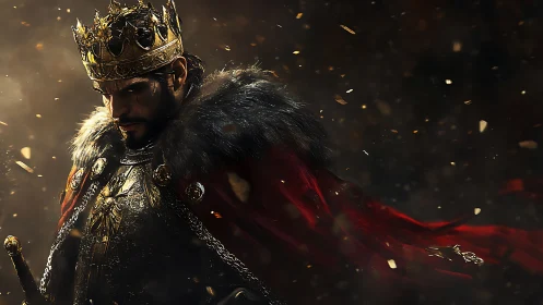 Armored monarch in embers, volumetric light and crimson cloak.