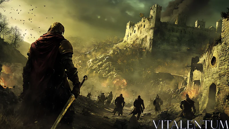 Cinematic fantasy siege with armored knight and ruined citadel.