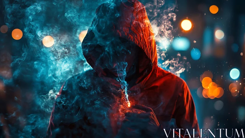 Cyberpunk hooded figure in neon bokeh haze, cinematic framing.