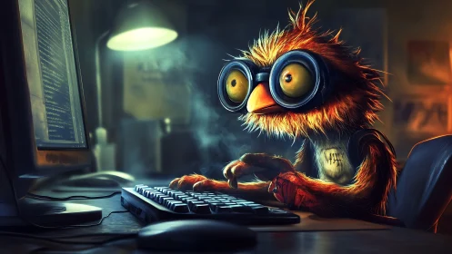 Hyper-detailed nocturnal bird coder at desktop workstation