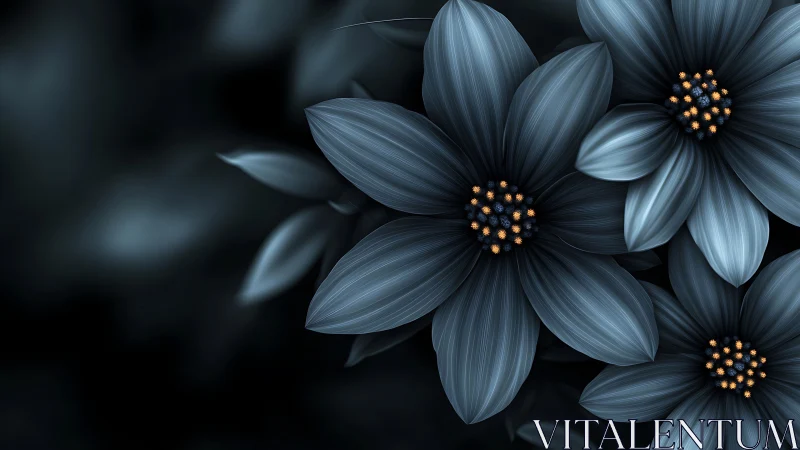 Three Blue-Petaled Flowers with Golden Centers on Dark Background