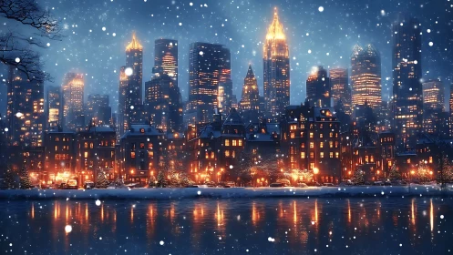 Snowy winter city skyline glows with warm festive lights