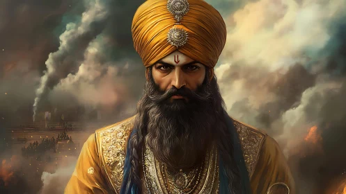 Turbaned warrior commander amid incendiary atmospheric battlefield.