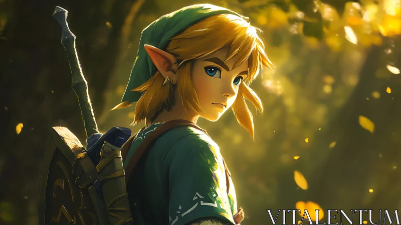 Elf-like character stands in forest with sword and shield