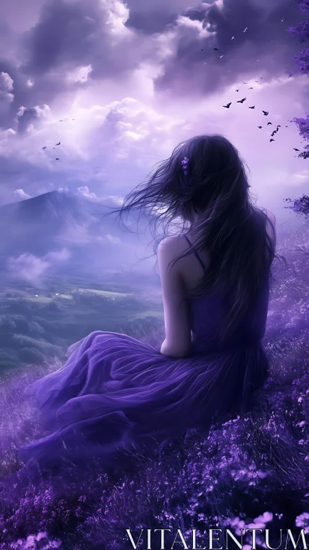 Atmospheric violet hillside study with contemplative figure.