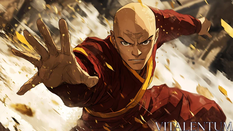 Monk warrior lunges forward through swirling golden debris