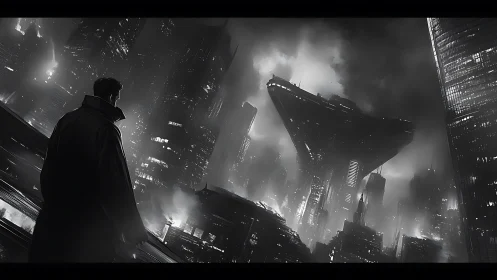 Watcher in the fog, gazing toward a looming future cityscape.