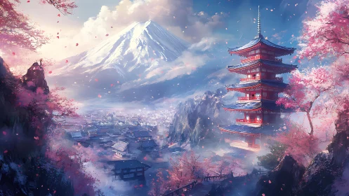 Digital landscape depicts pagoda, town and distant volcano
