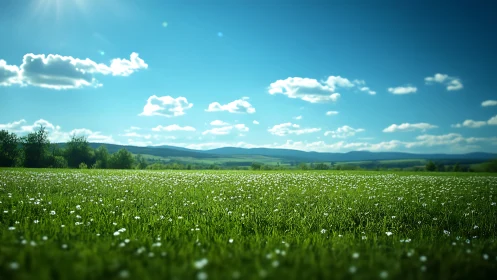 Sunlit wildflower meadow stretches beneath bright blue sky.