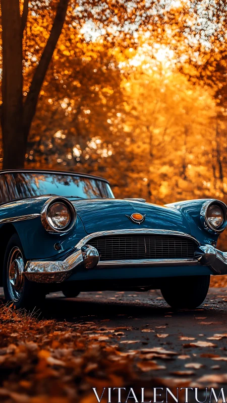 Blue vintage car parked on road in bright autumn forest.