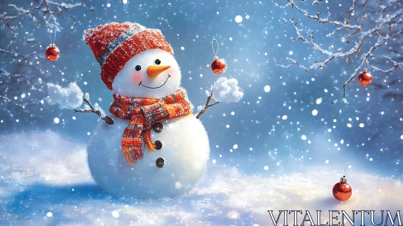 Cheerful snowman juggling crimson baubles in winter hush.