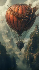 Ornate dragon airship balloon over misty karst templescape
