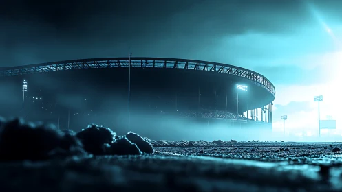 Neon storm over midnight stadium bones in rising fog.