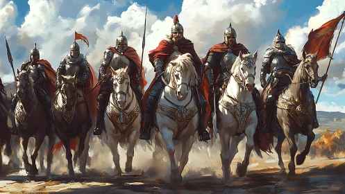 Armored cavalry charge forward under bright rolling clouds