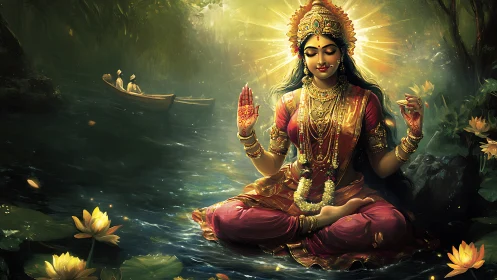 Divine goddess meditates in luminous forest river shrine